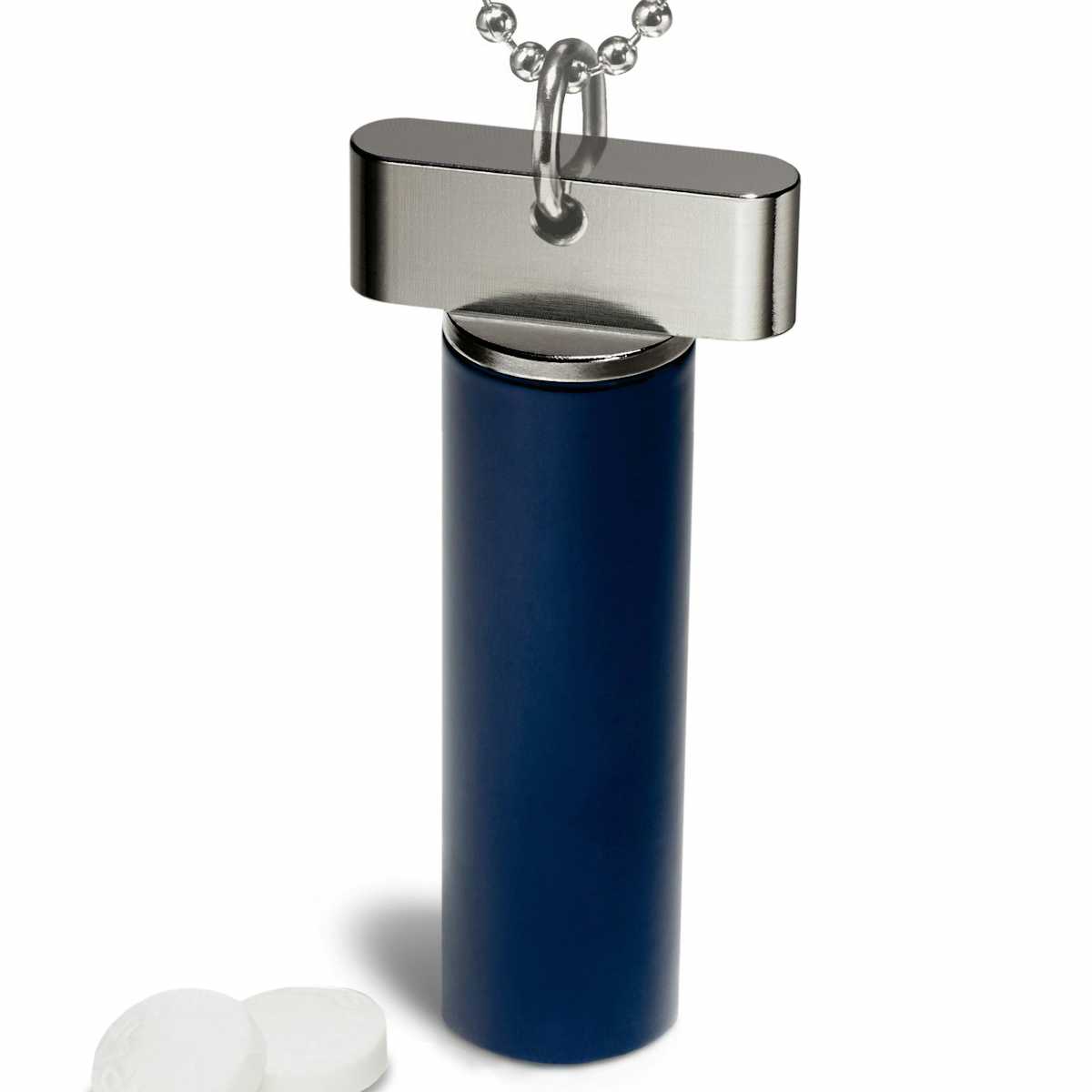 Navy Blue and Stainless Steel Keychain Pill Holder - Designer Nitro Necklace - Cielo Pill Holders