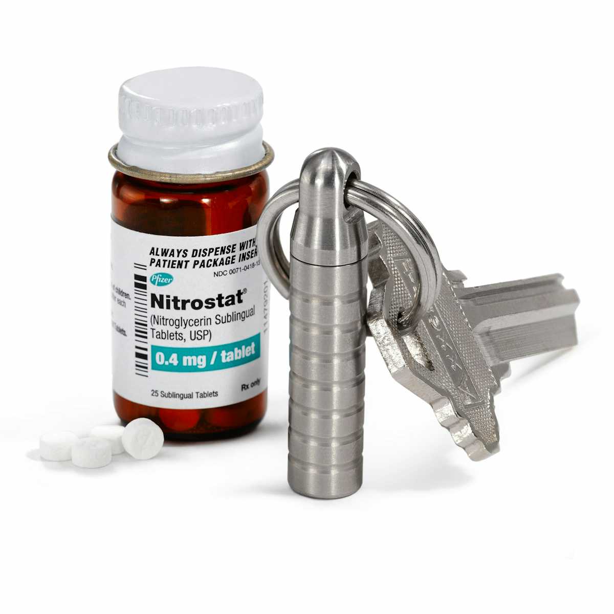 Best Nitro Pill Holder with keychain and a bottle of Nitrostat- Stainless Steel and Titanium - Cielo Pill Holders